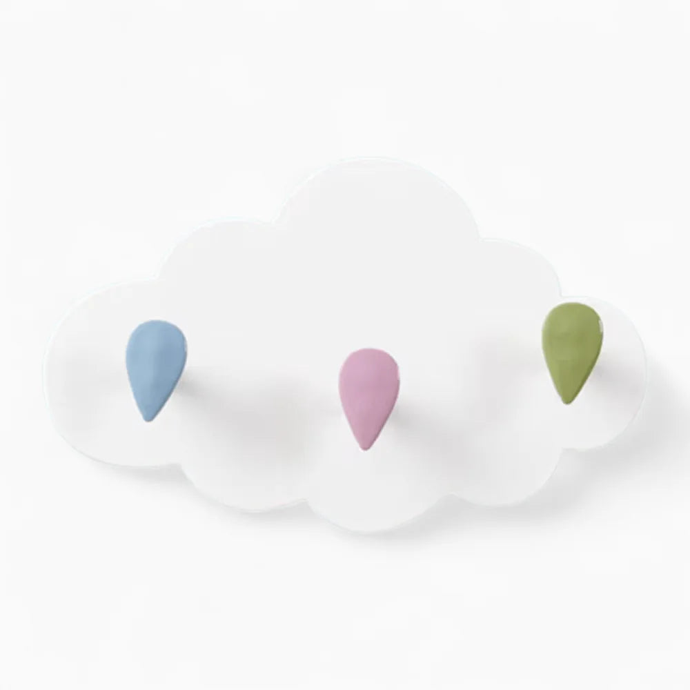 Photo originale du porte-manteau Nuage blanc avec trois patères en goutte bleu rose vert