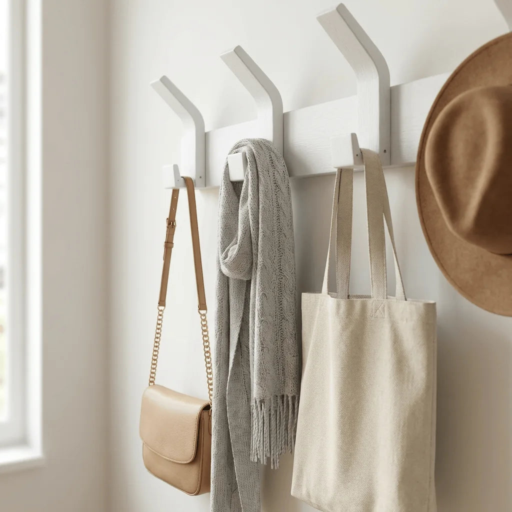 Photo originale détaillée des crochets blancs et accessoires suspendus