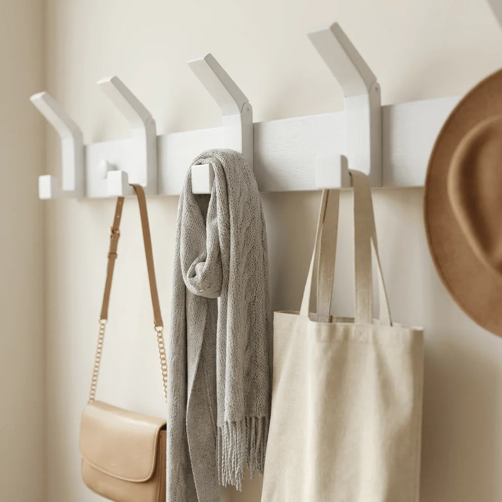 Photo originale rapprochée des crochets blancs avec accessoires suspendus