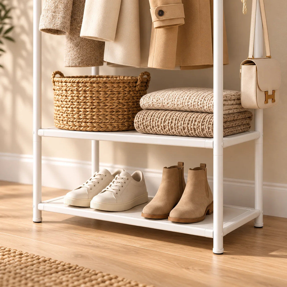Gros plan des étagères du porte-manteau blanc pour ranger chaussures et accessoires
