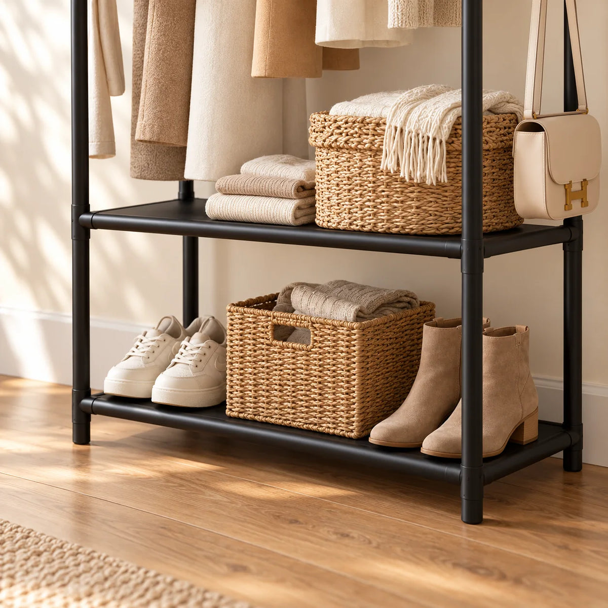 Gros plan des deux étagères basses du meuble noir avec paniers, textiles et chaussures