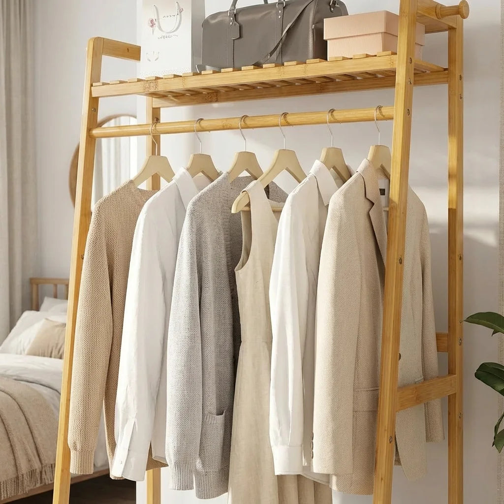 Détail de la tringle, des cintres et de l’étagère supérieure du dressing en bois clair