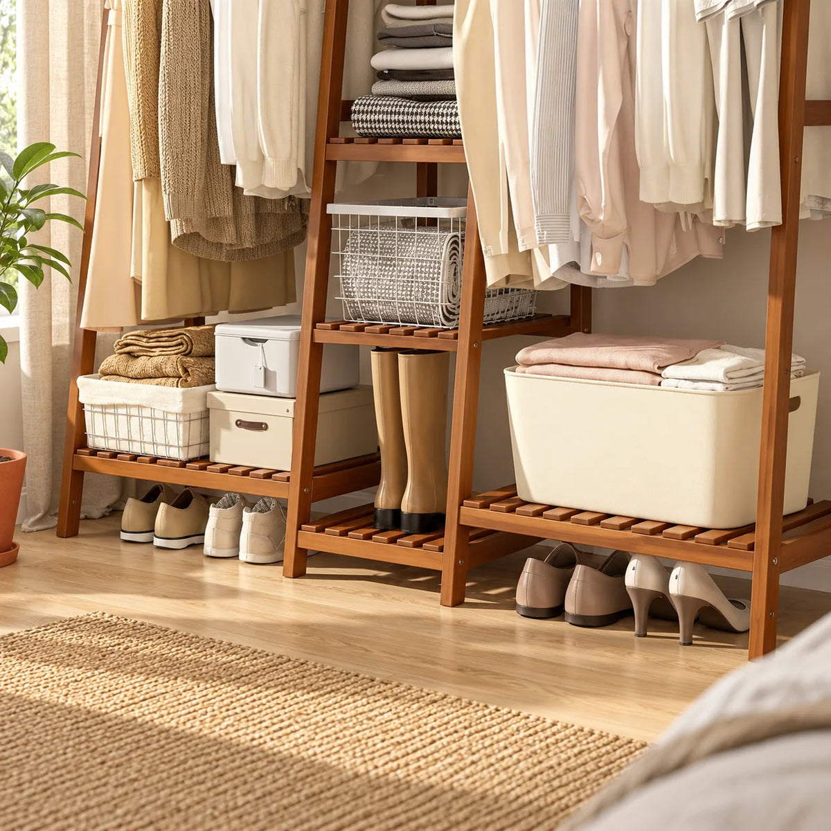 Gros plan des étagères basses et rangements à chaussures du dressing en bois