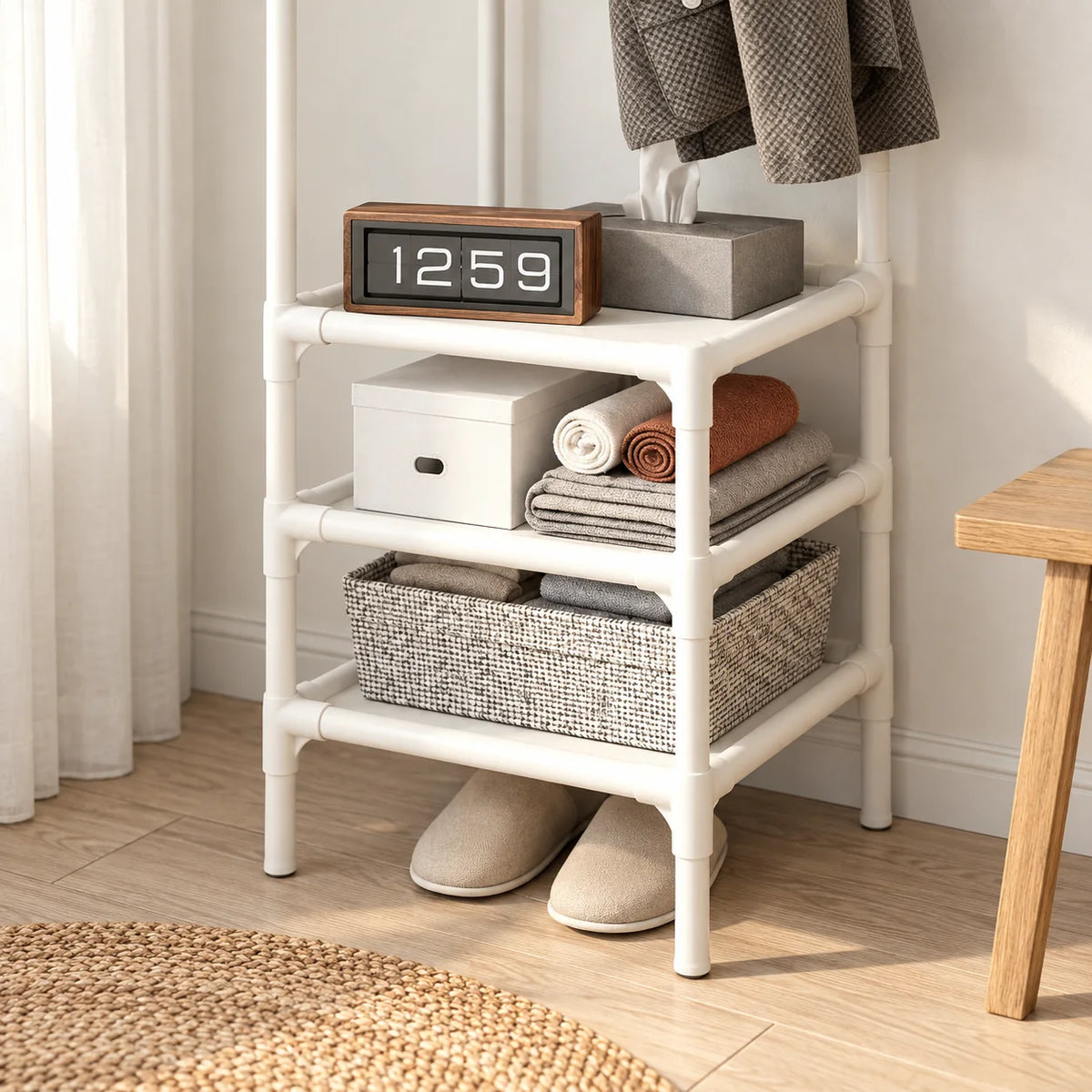 Détail des étagères inférieures du porte-manteau blanc avec boîte, linge et panier