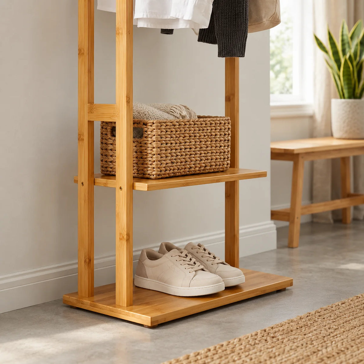 Détail des deux tablettes du portant en bambou avec panier et chaussures dans l'entrée