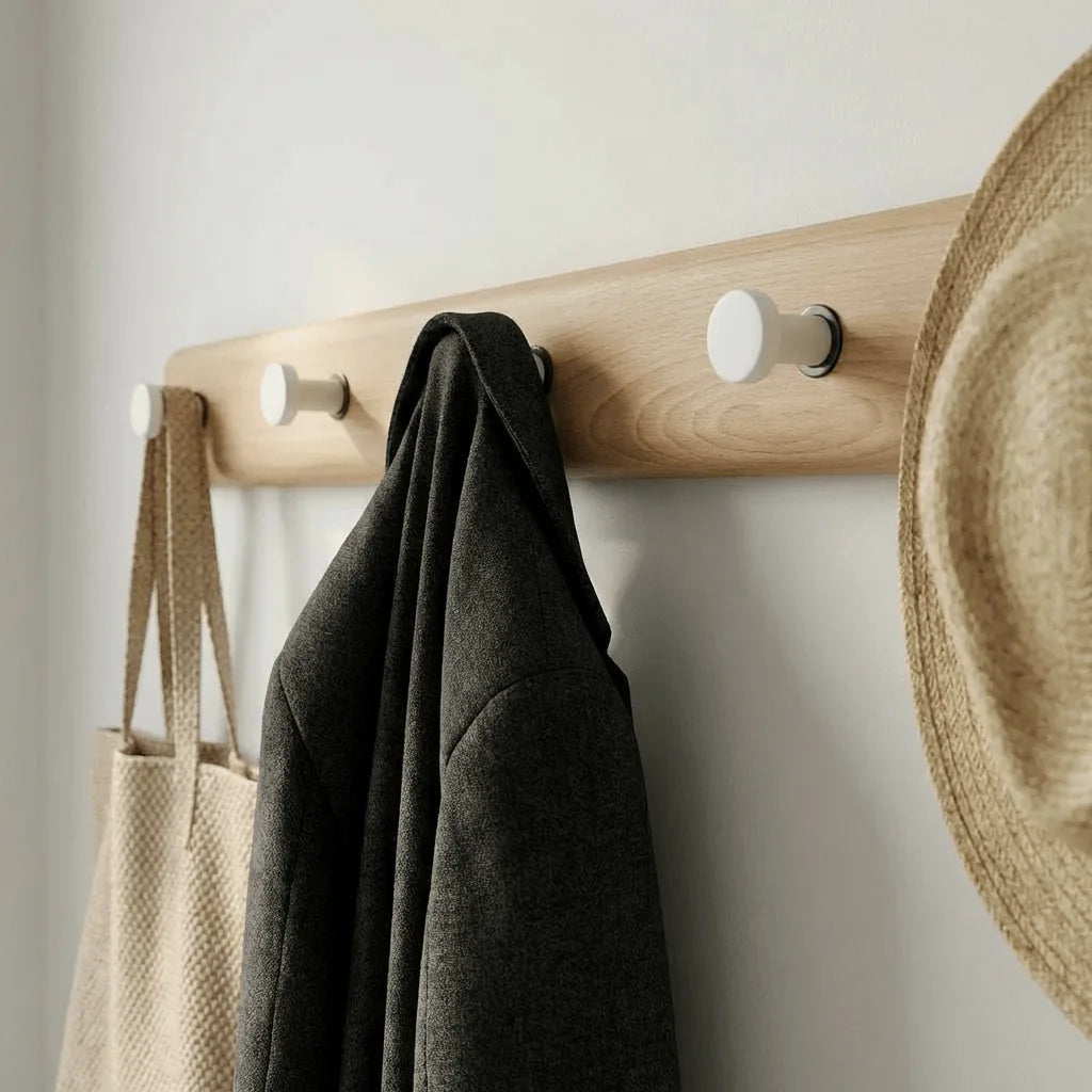 Photo originale des crochets blancs et de la finition bois clair du porte-manteau