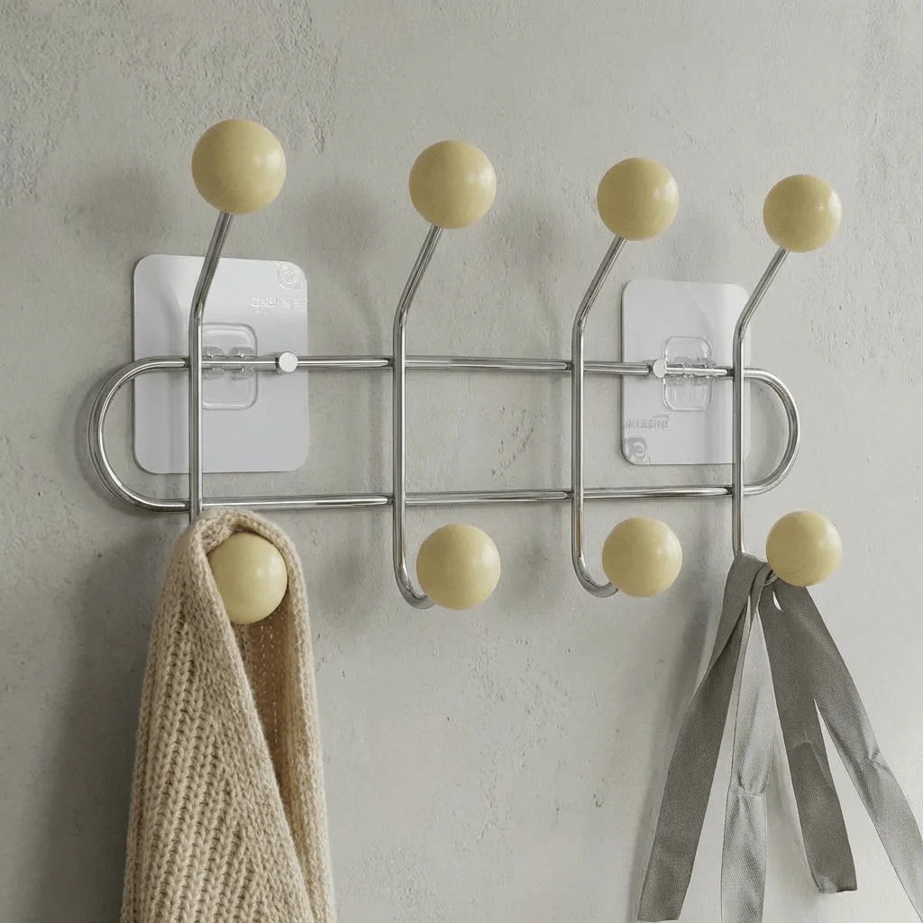 Détail original du porte-manteau chromé à boules bois jaune crème et vêtements