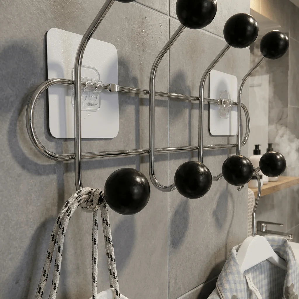 Détail original des boules noires brillantes et bras chromés du porte-manteau
