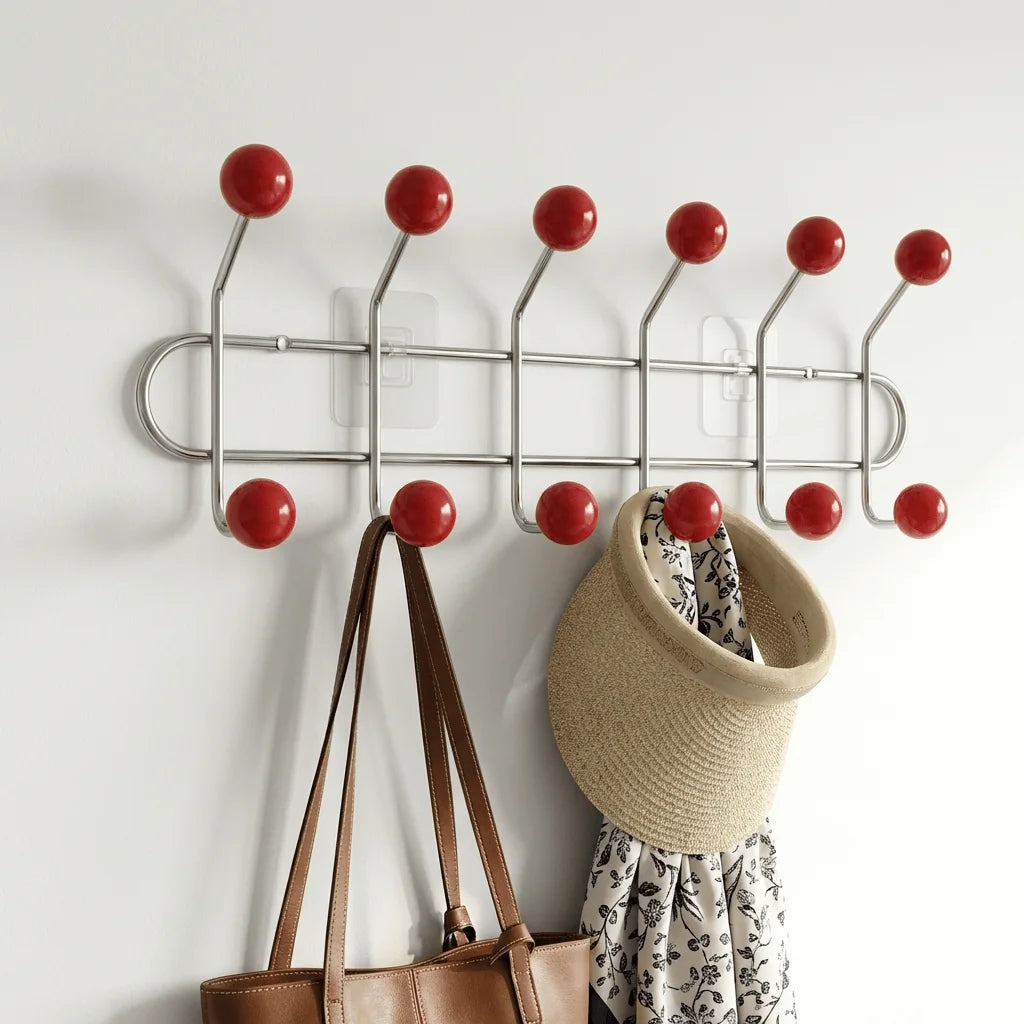Détail des crochets rouges du porte-manteau mural avec sac et chapeau suspendus