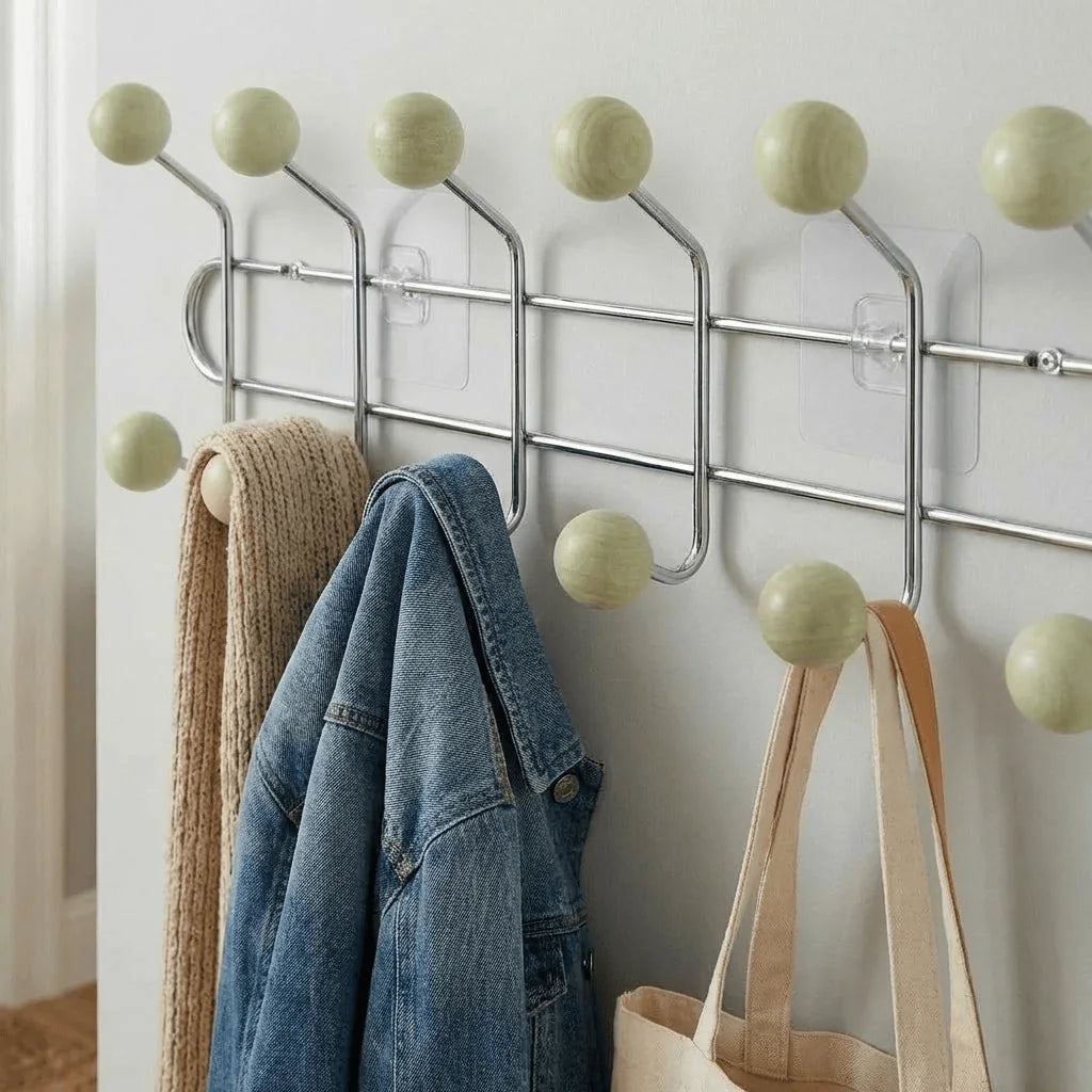 Détail original du porte-manteau chromé à boules bois jaune crème avec vêtements