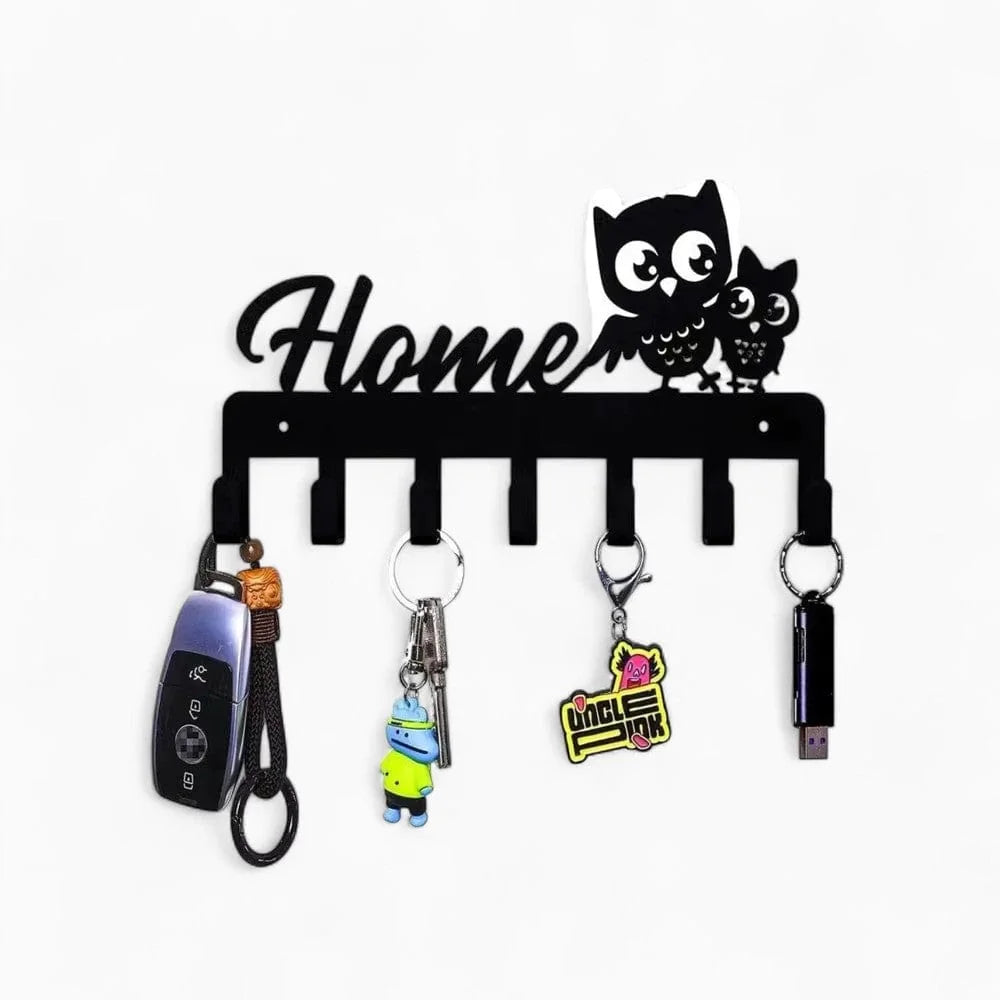 Photo originale de face du porte-clés mural Home avec deux hiboux et sept crochets