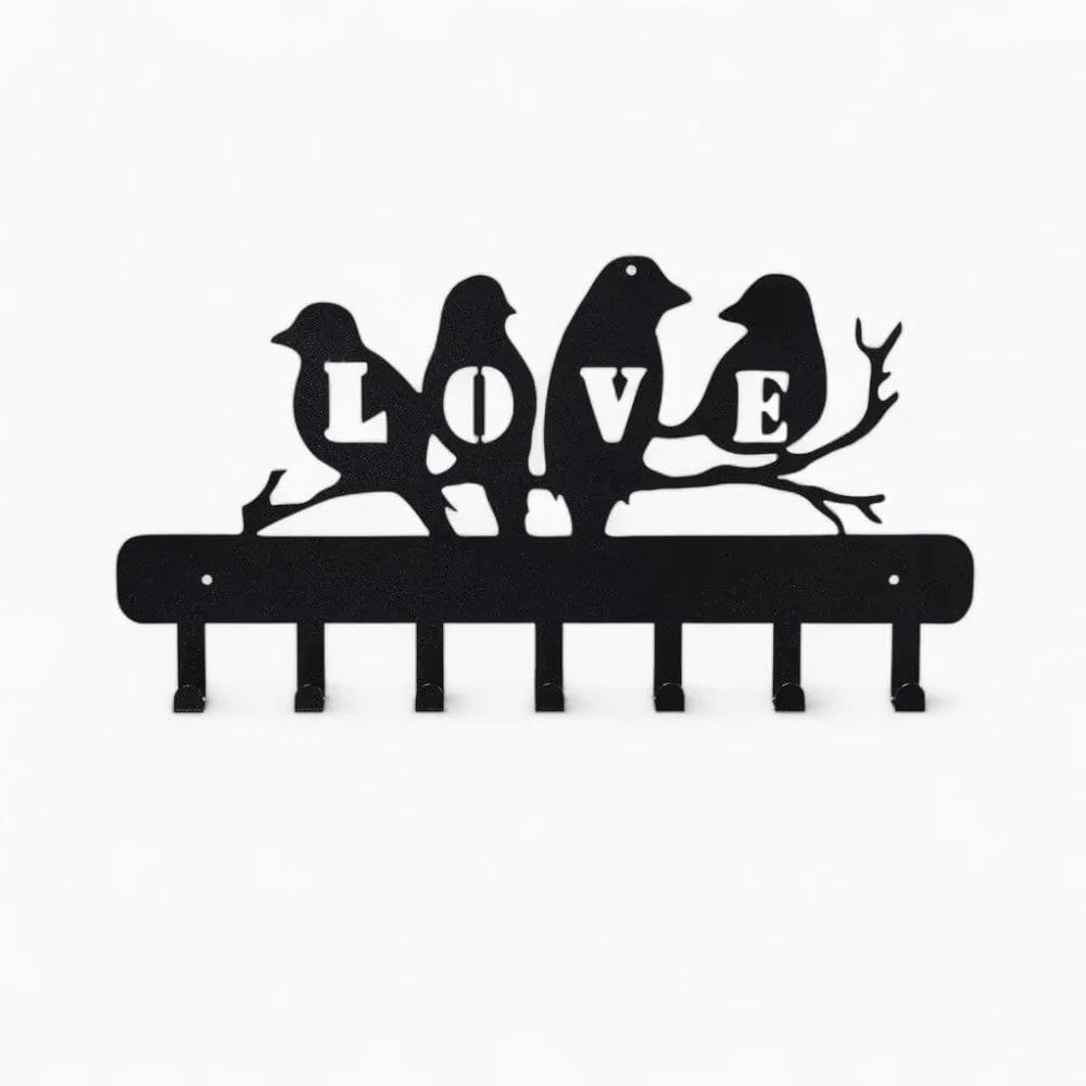 Photo originale du porte-manteau mural LOVE noir avec quatre oiseaux et sept crochets