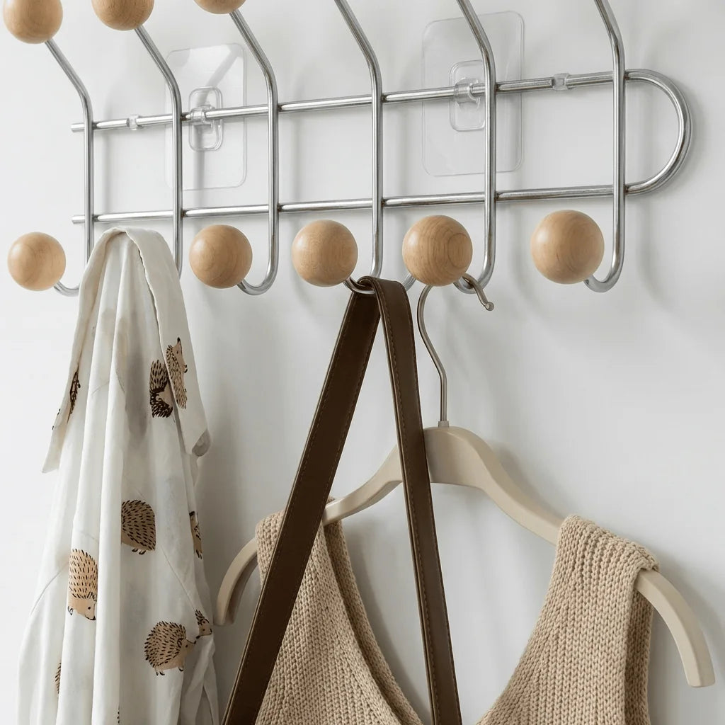 Photo originale des crochets chromés à boules bois et accessoires suspendus