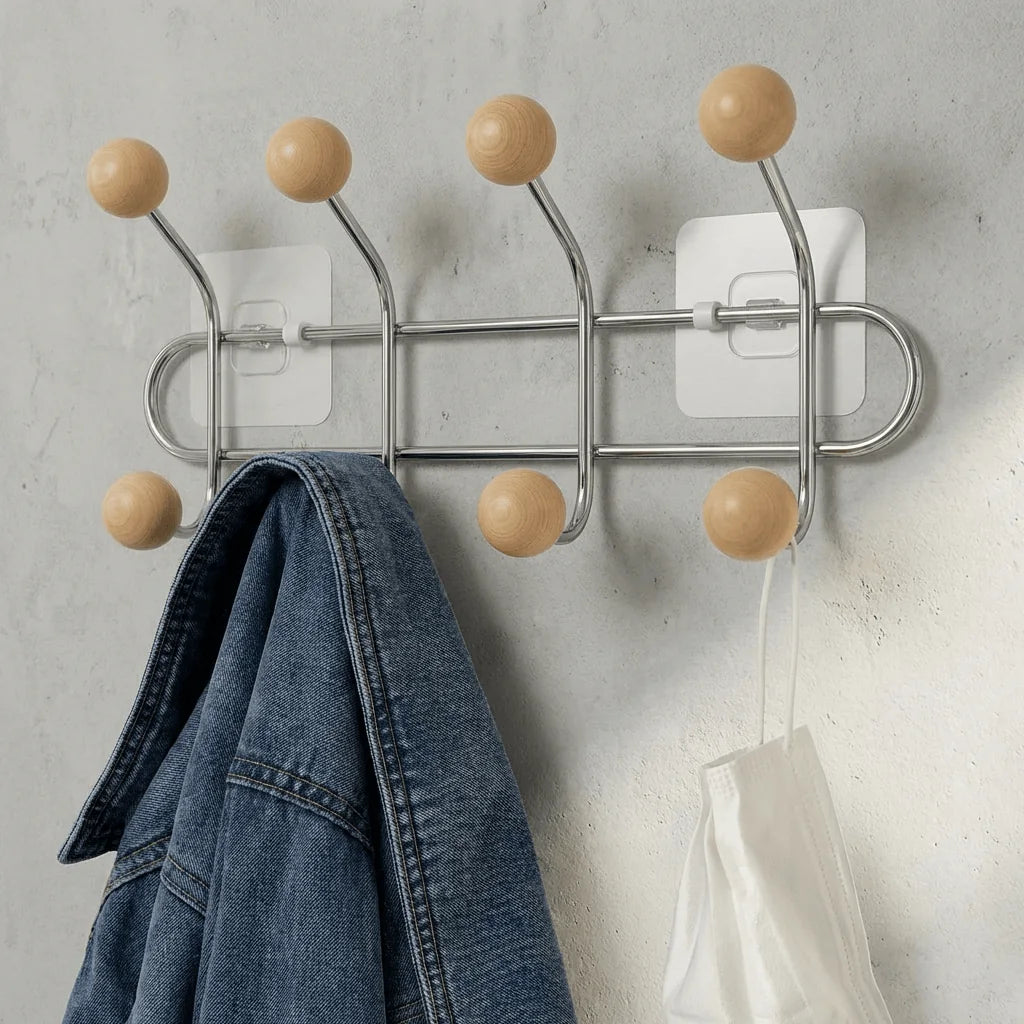 Photo originale des quatre bras chromés à embouts bois avec veste suspendue