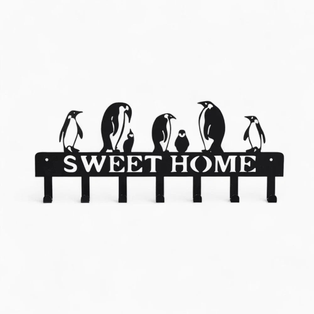 Photo originale du porte-manteau SWEET HOME noir avec pingouins et sept crochets