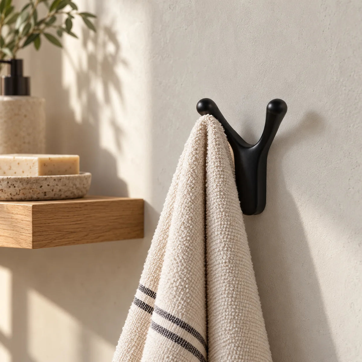Patère Antenne noire avec serviette dans une salle de bain