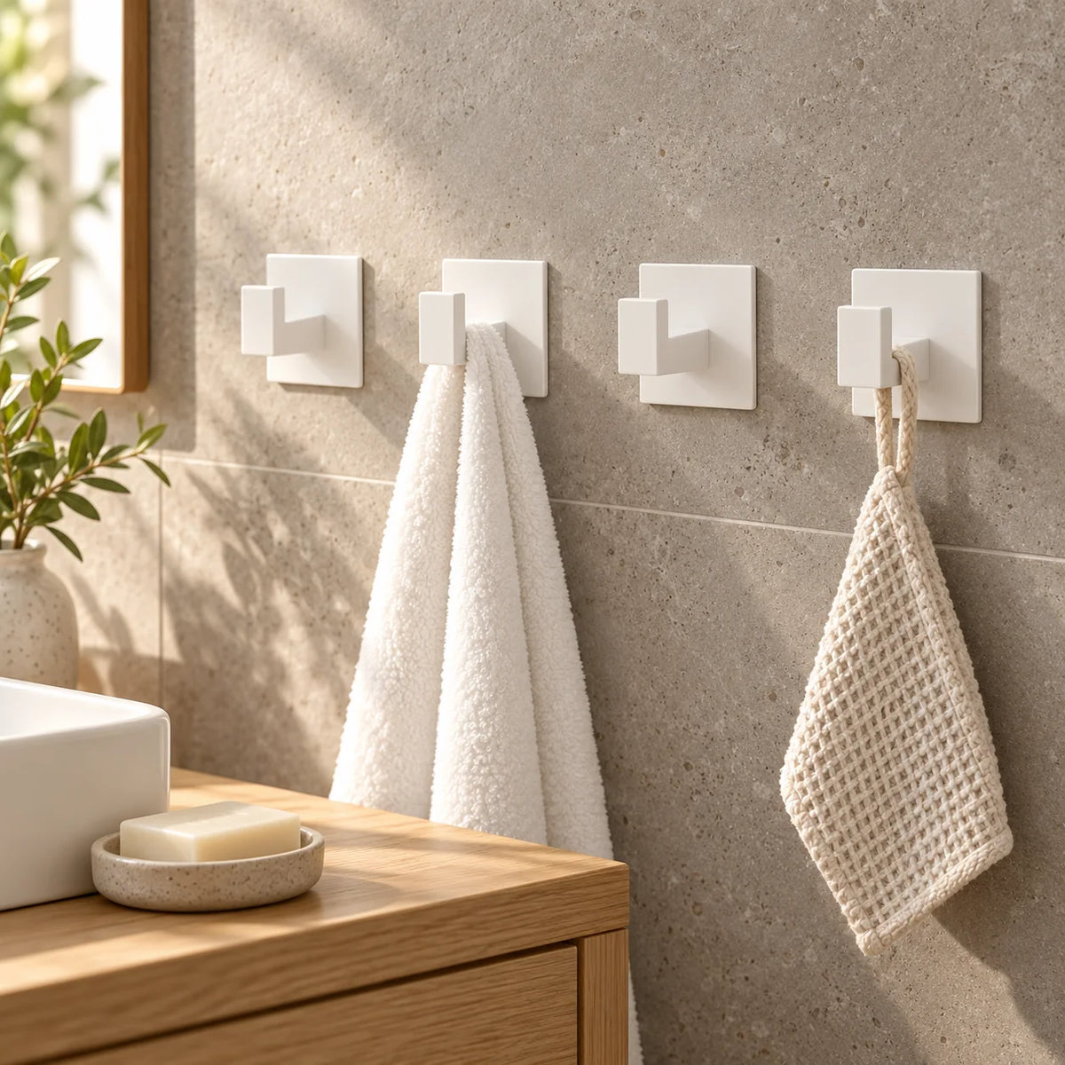 Quatre patères Original blanches avec serviette en salle de bain