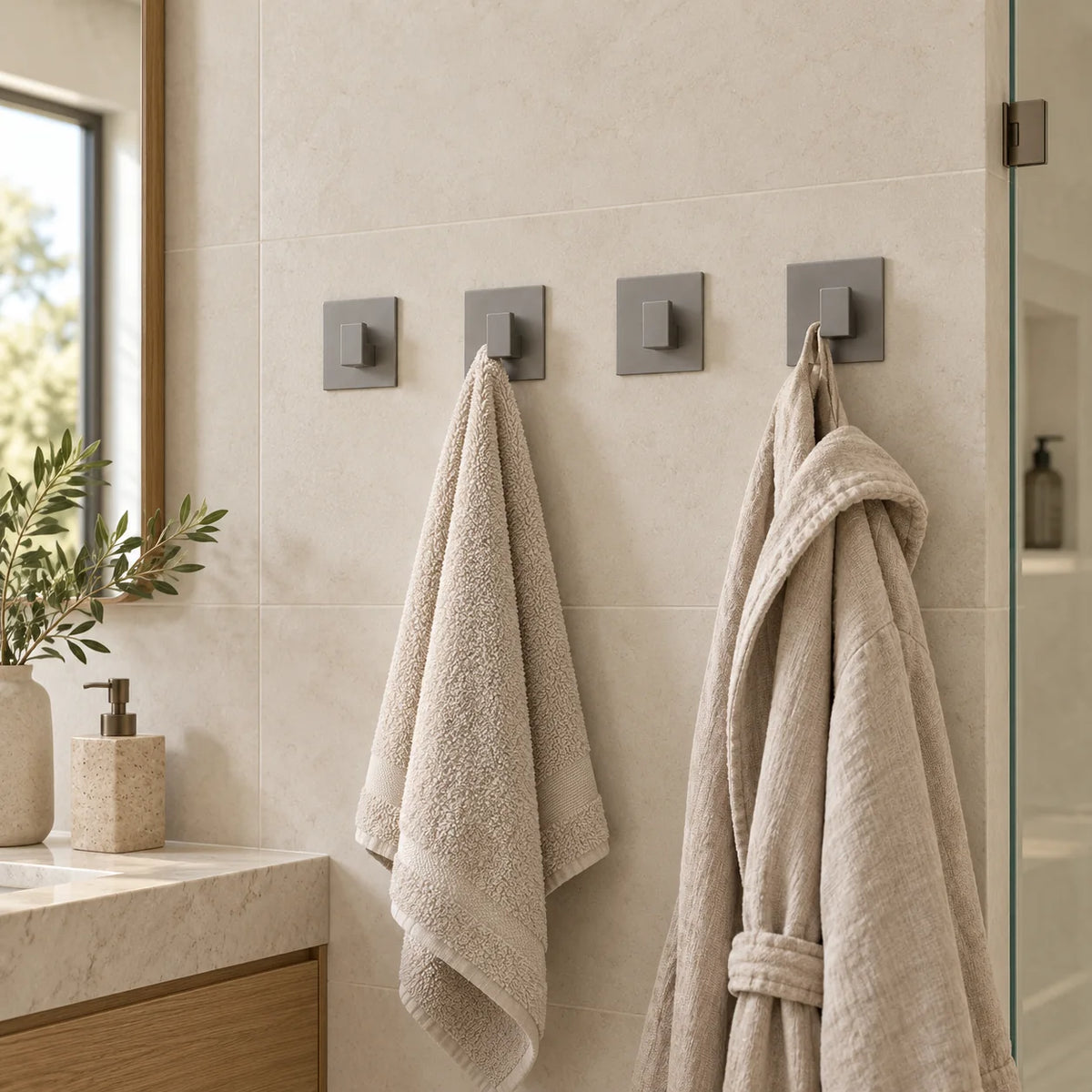 Quatre patères Original grises avec serviette en salle de bain