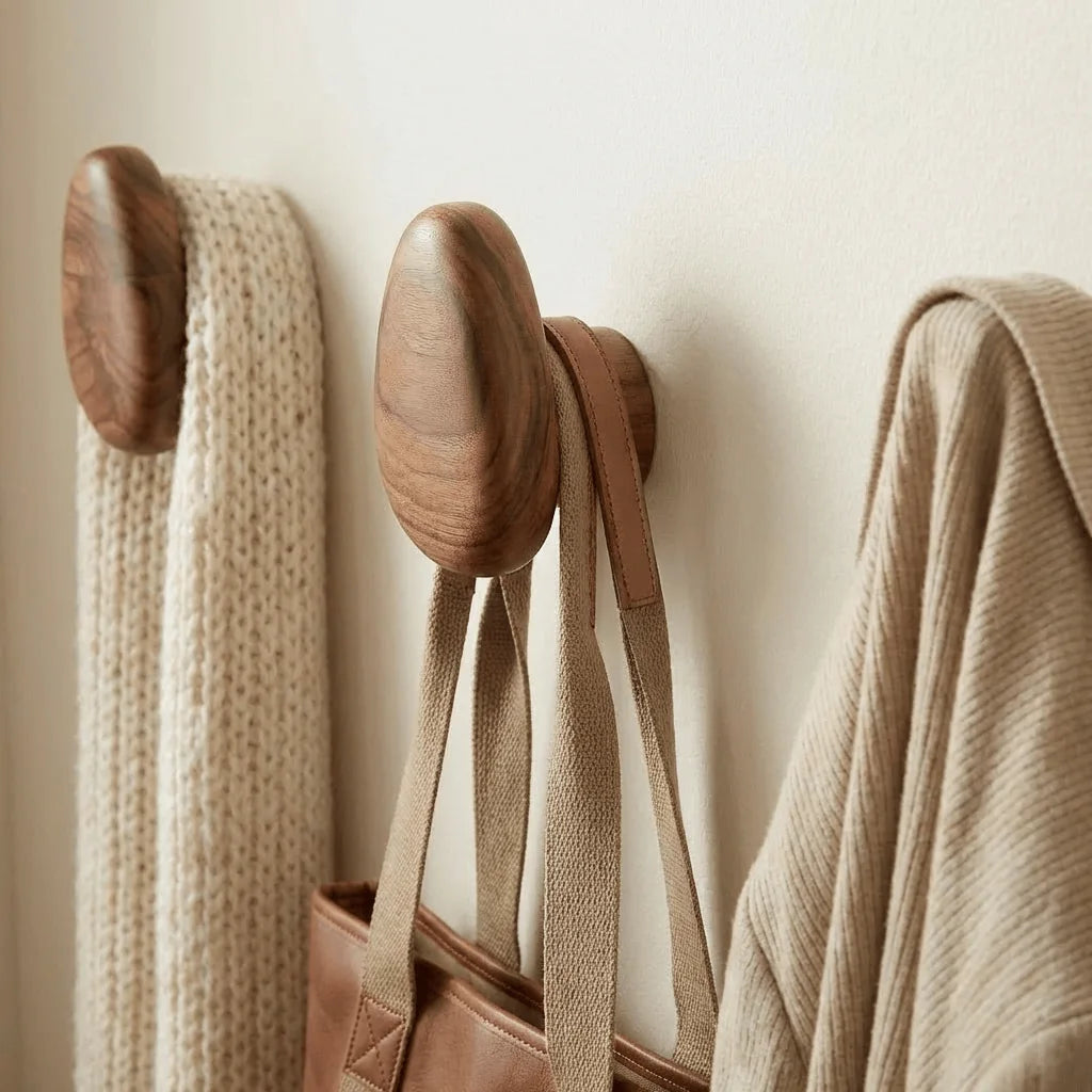 Gros plan de deux patères ovales en bois avec écharpe et sac suspendus