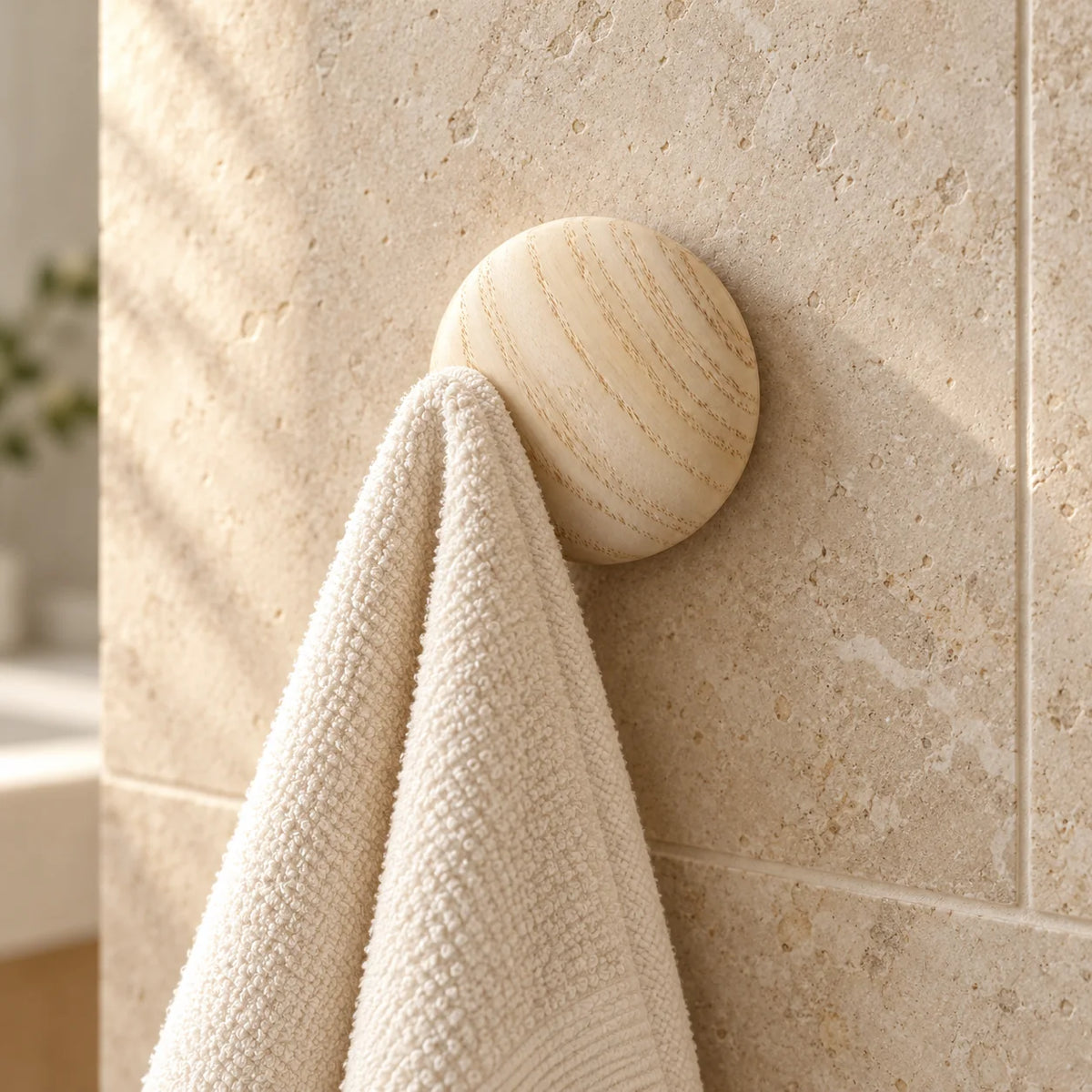 Patère ronde en bois clair portant une serviette en salle de bain