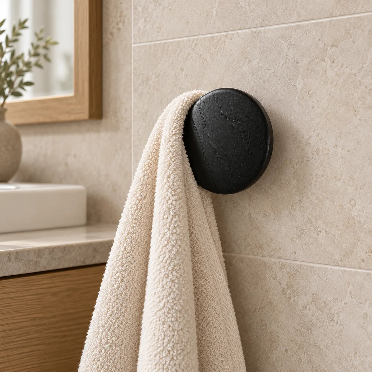 Patère ronde noire portant une serviette dans une salle de bain