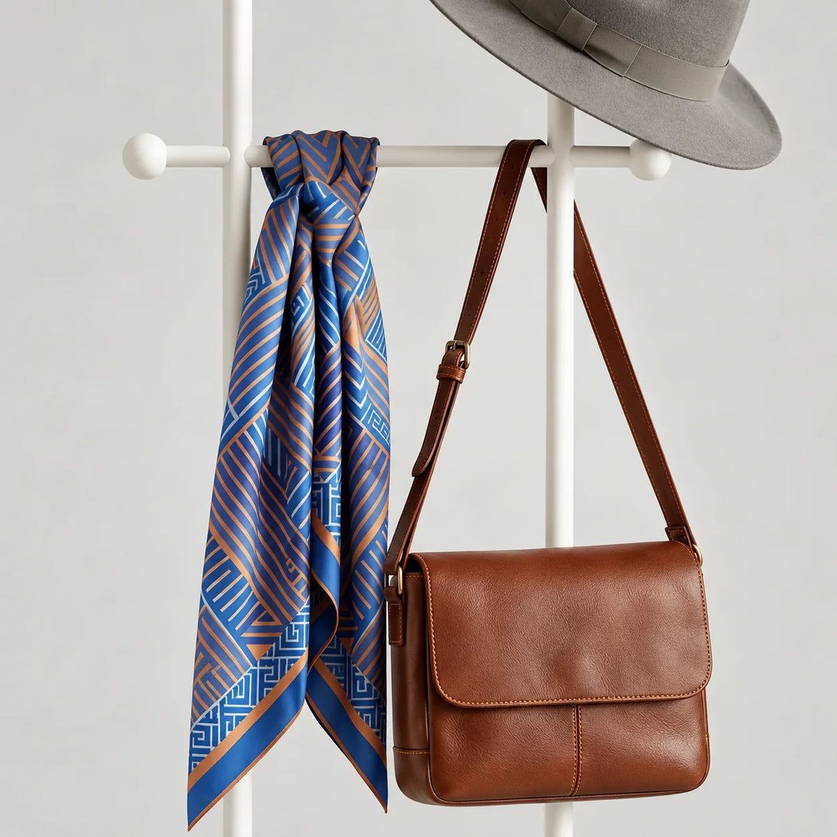 Détail de la traverse blanche, du foulard bleu et orange et du sac brun en cuir sur fond gris