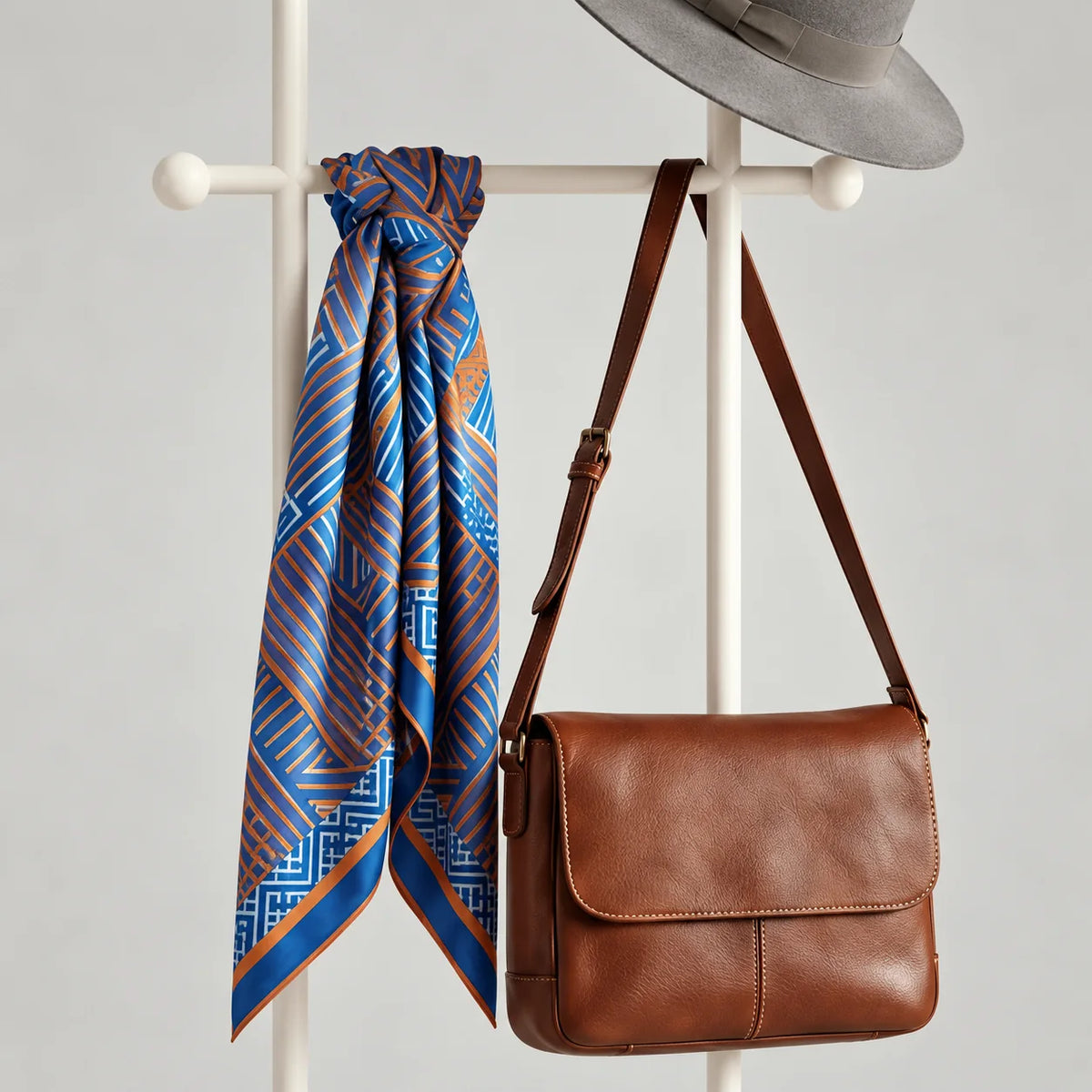 Détail de la traverse blanche, du foulard bleu et orange et du sac brun en cuir sur fond gris