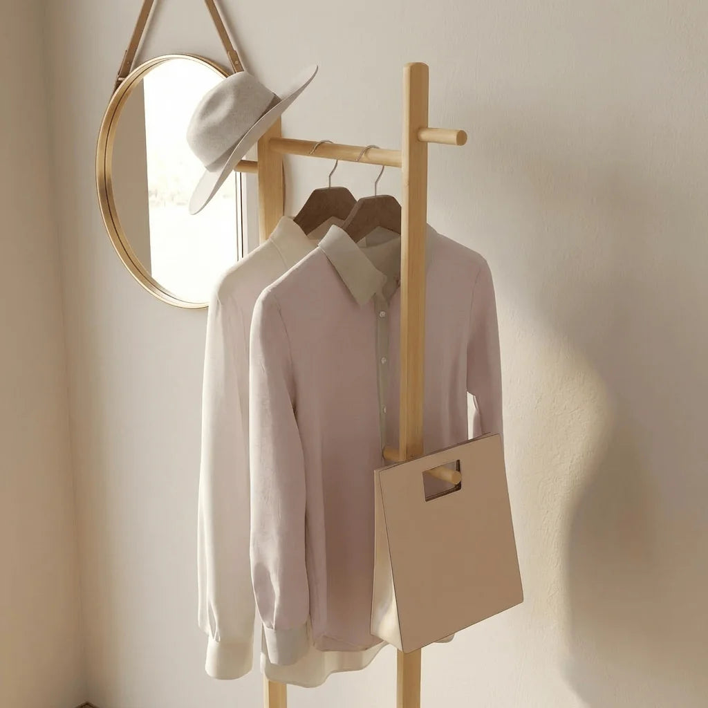 Photo originale rapprochée du porte-manteau sur pied en bois clair avec vêtements et sac