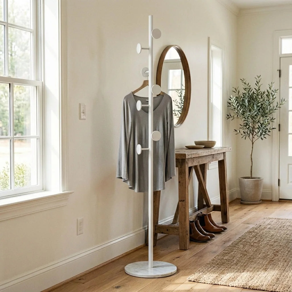 Porte-manteau champignon blanc et base blanche dans une entrée, photo originale