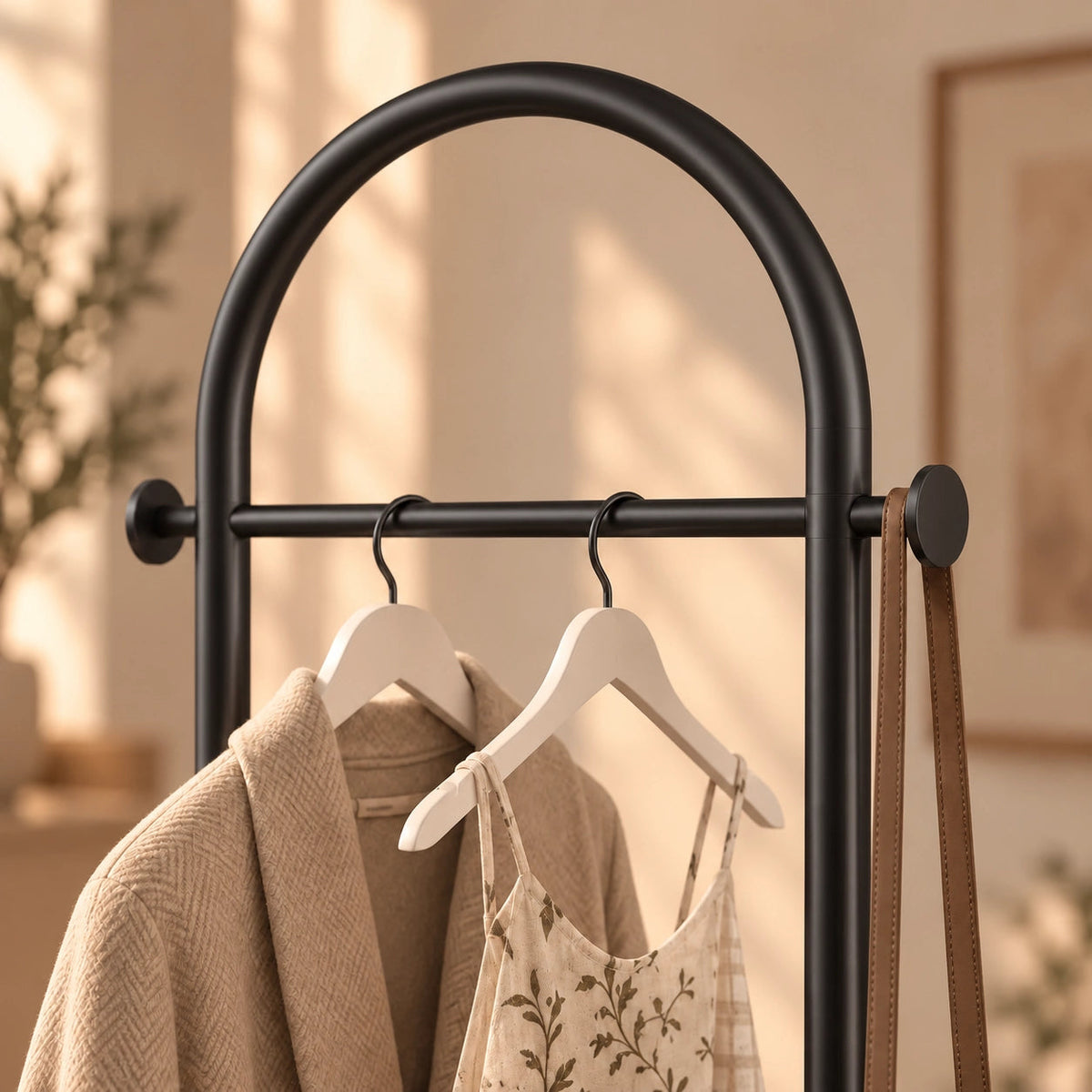 Détail de la finition métal noir mat du Porte Manteau sur Pied Courbé noir, arche, barre et embouts ronds