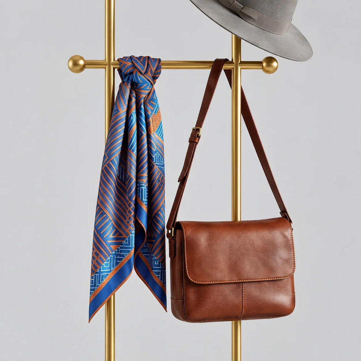 Détail de la traverse dorée, du foulard bleu et orange et du sac brun en cuir sur fond gris