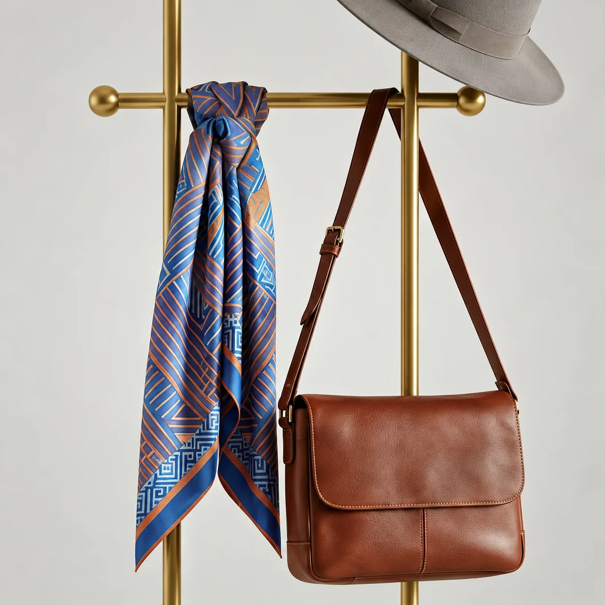 Détail de la traverse dorée, du foulard bleu et orange et du sac brun en cuir sur fond gris