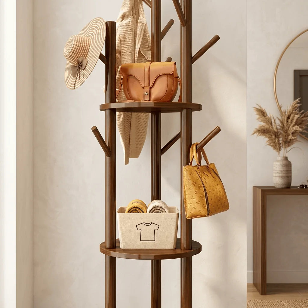 Détail des branches et crochets supérieurs du porte-manteau en bois foncé