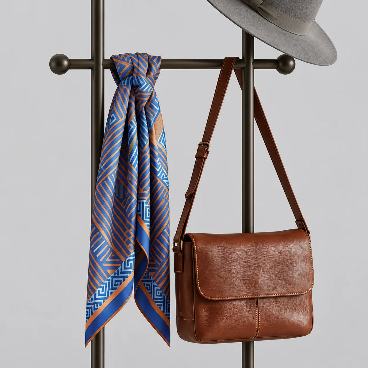 Détail de la traverse noire, du foulard bleu et orange et du sac brun en cuir sur fond gris