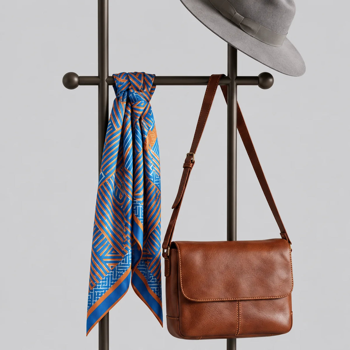 Détail de la traverse noire, du foulard bleu et orange et du sac brun en cuir sur fond gris
