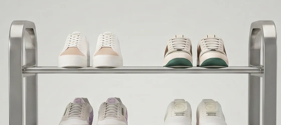Détail du haut arrondi du meuble en acier et des baskets blanches à accents roses et verts