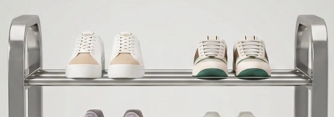 Détail du niveau supérieur en métal argenté avec baskets blanches à accents roses et verts