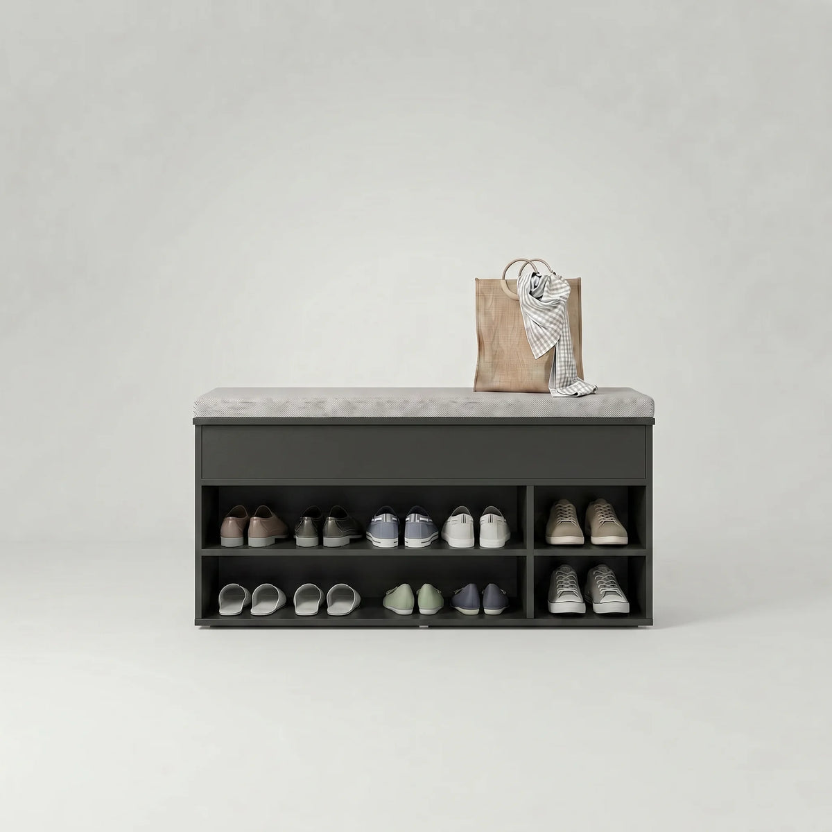 Photo originale du banc à chaussures noir anthracite avec coussin gris