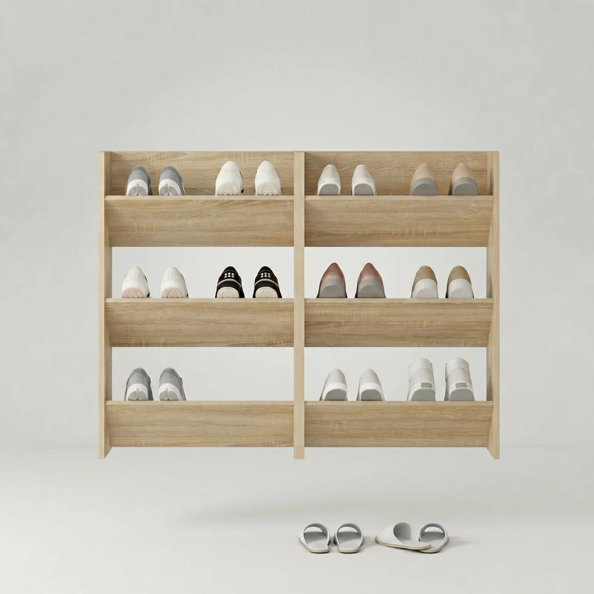Rangement mural en bois clair à six compartiments ouverts pour chaussures