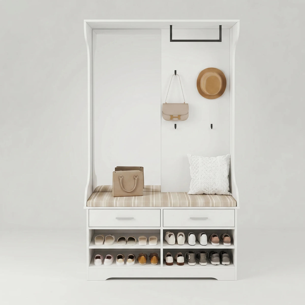 Photo originale du vestiaire blanc avec banc, patères et rangement à chaussures