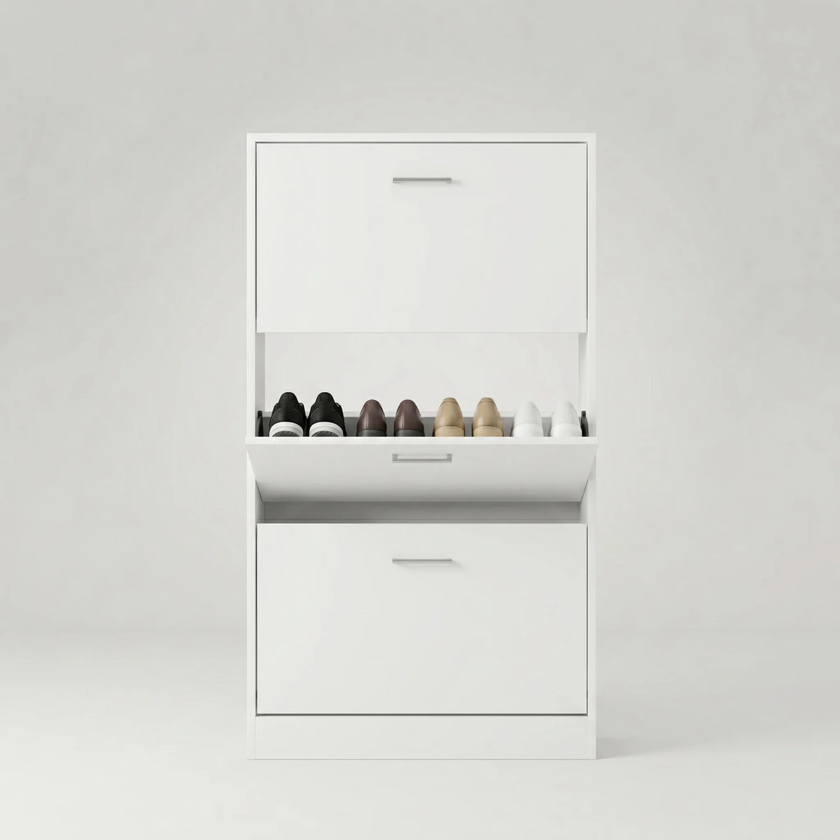 Meuble à chaussures blanc à trois compartiments dont un ouvert