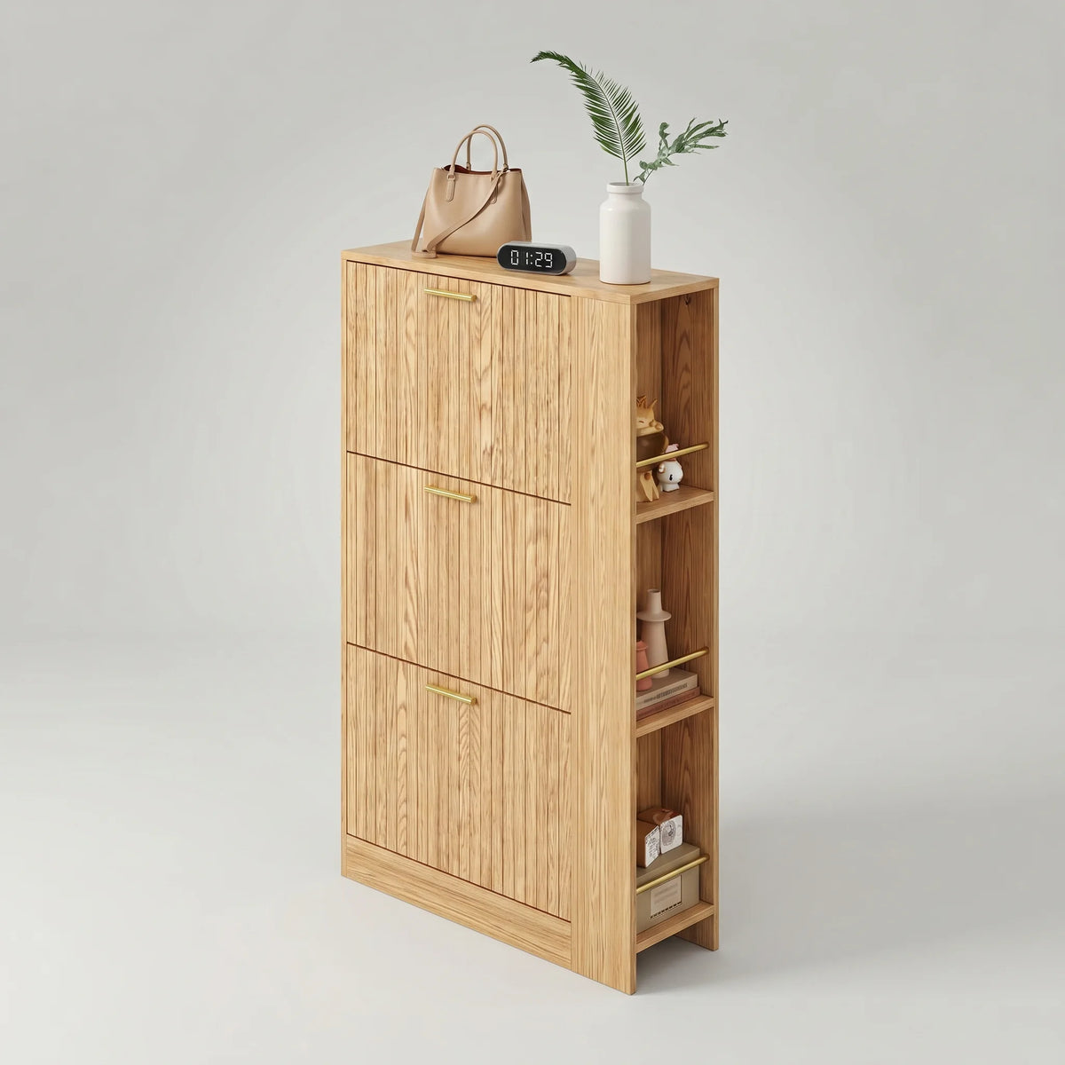 Photo originale du meuble à chaussures minimaliste en bois naturel