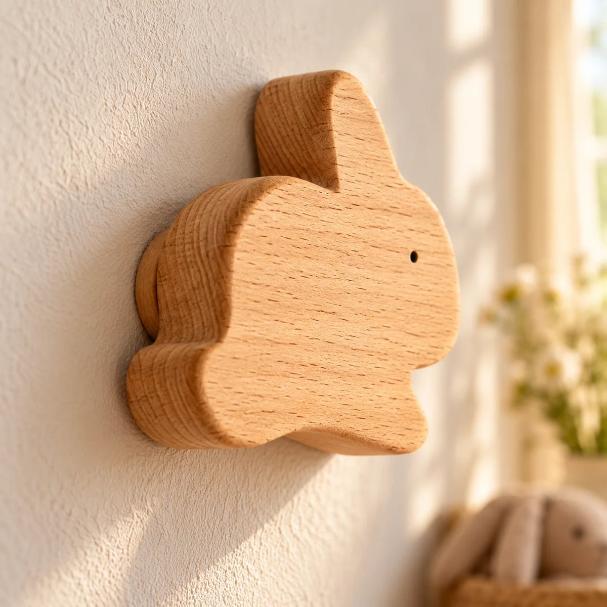 Gros plan de la patère lapin et de son grain de bois naturel sur le mur