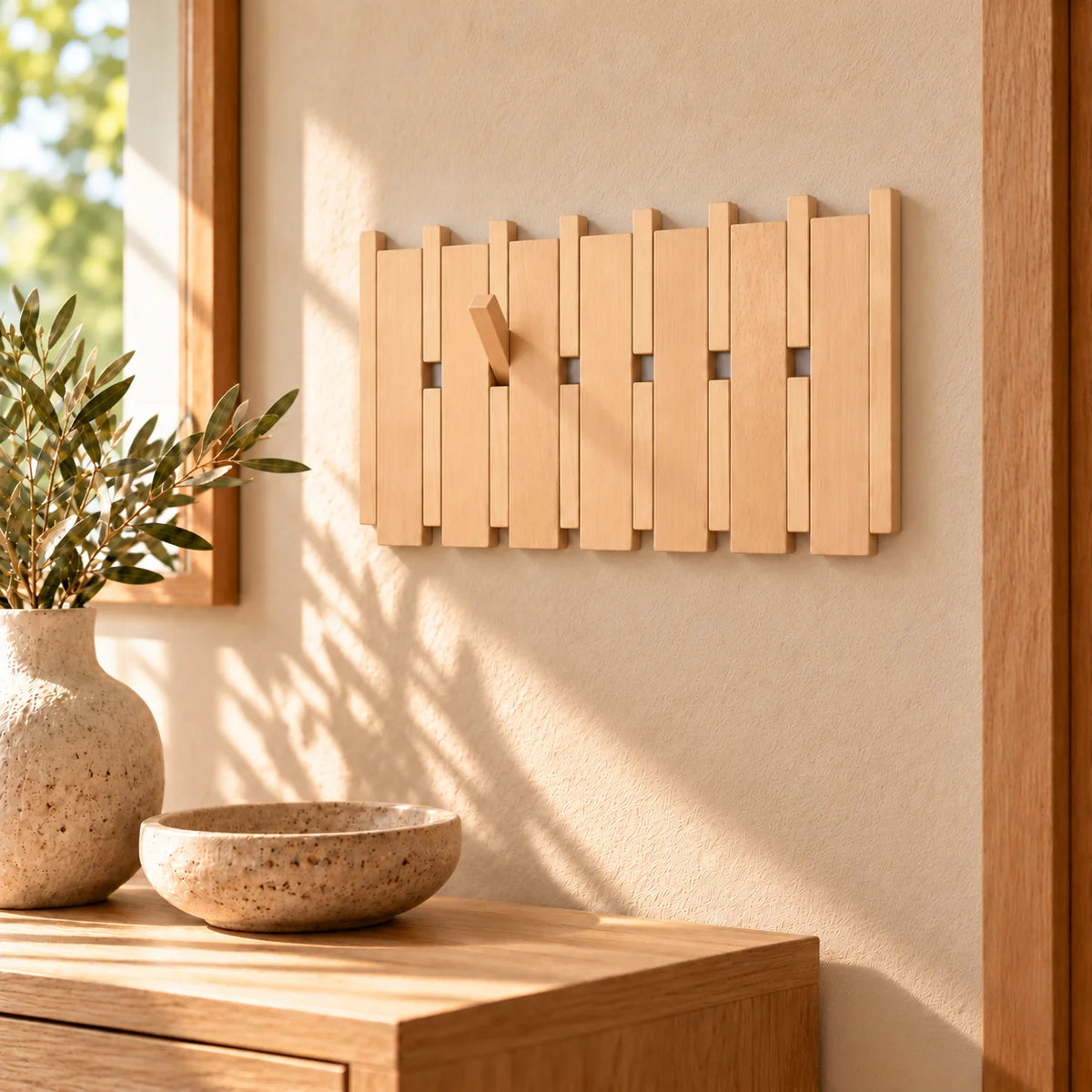 Vue en angle du porte-manteau mural large en bois clair avec un crochet ouvert