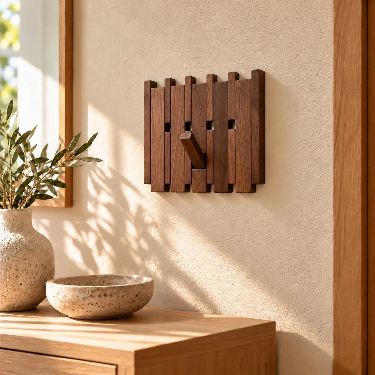 Vue en angle du petit porte-manteau en bois foncé avec un crochet ouvert