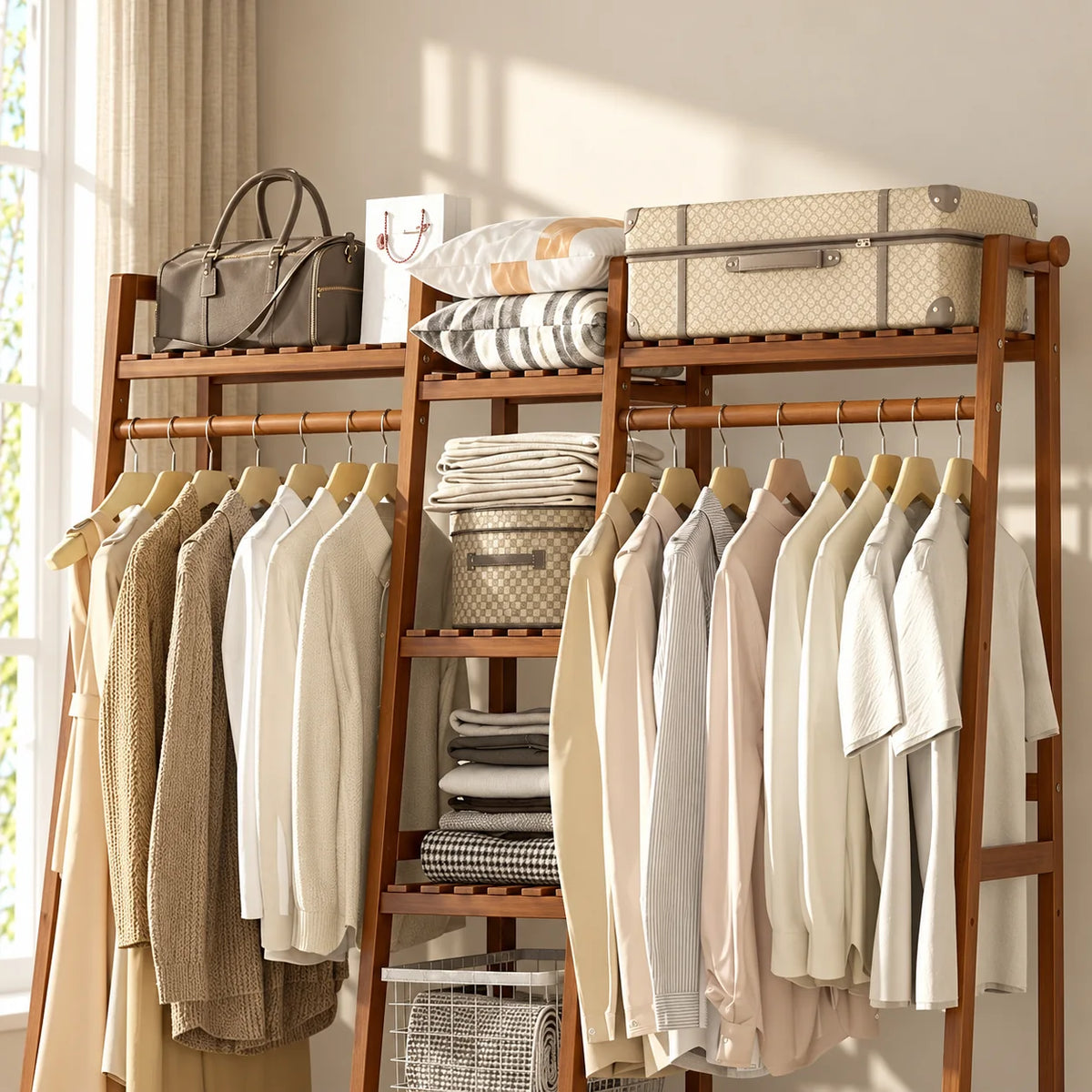 Détail des deux penderies et des étagères supérieures du grand dressing en bois