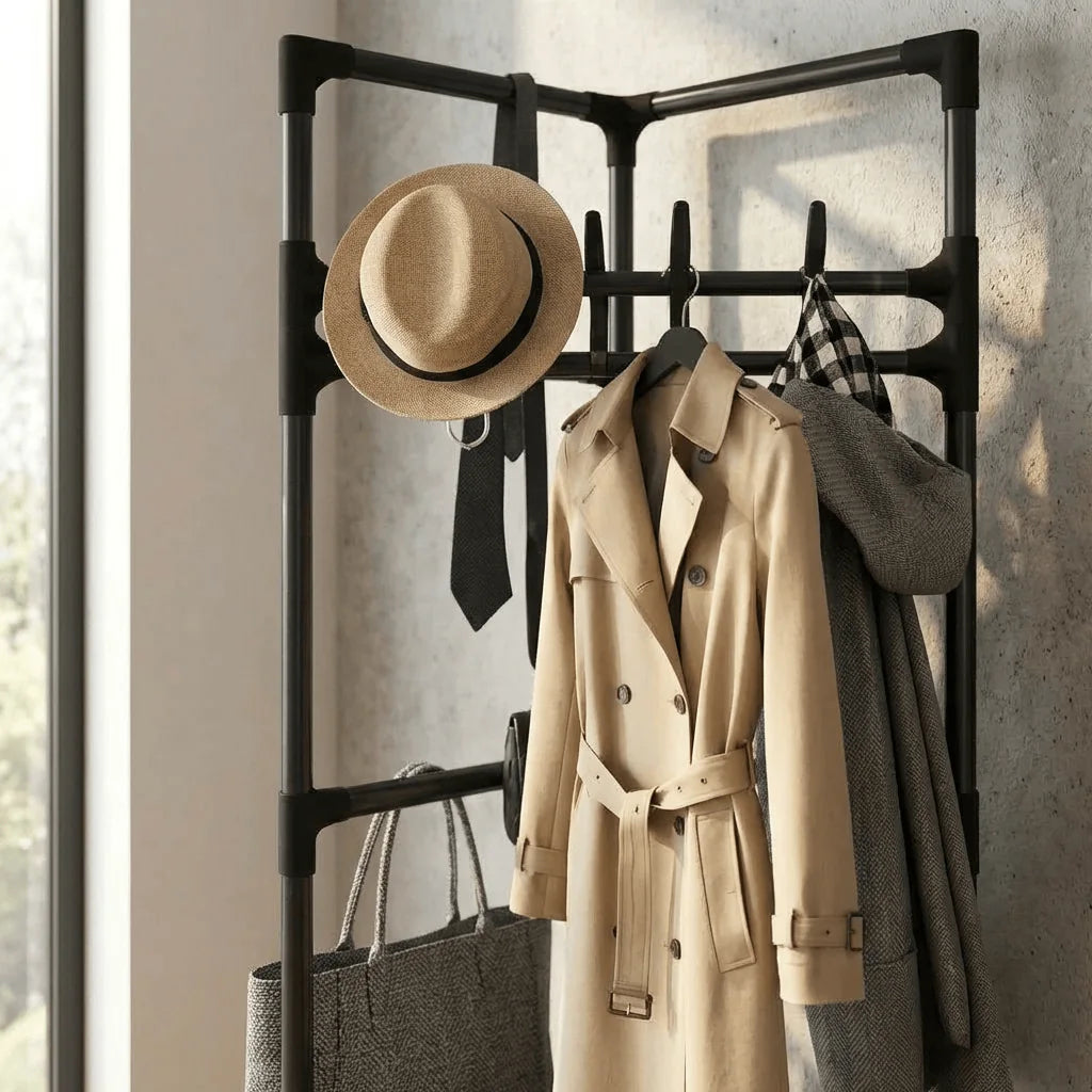 Détail des crochets du porte-manteau noir avec chapeau et manteau