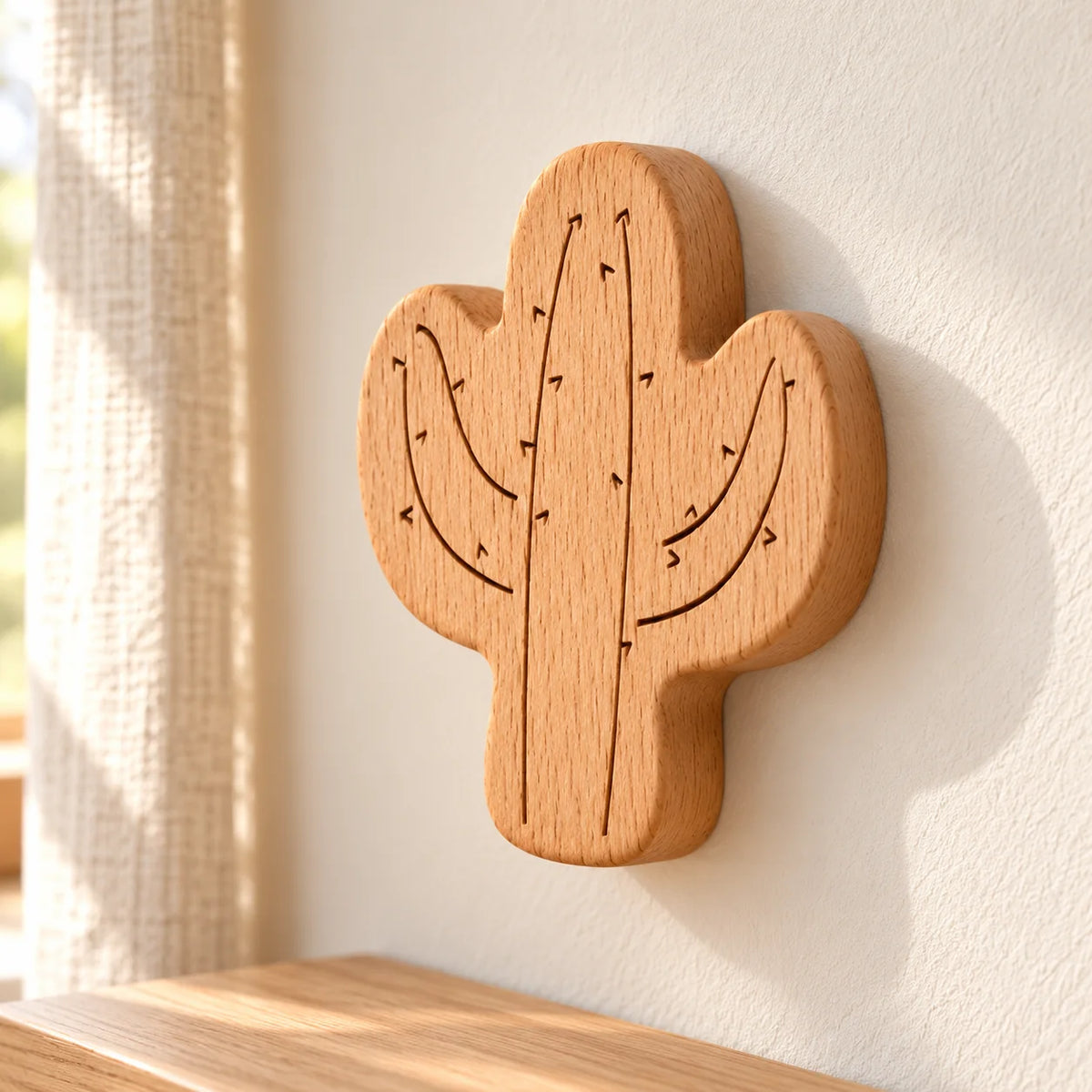Gros plan de la patère cactus montrant le grain de bois et les fines gravures