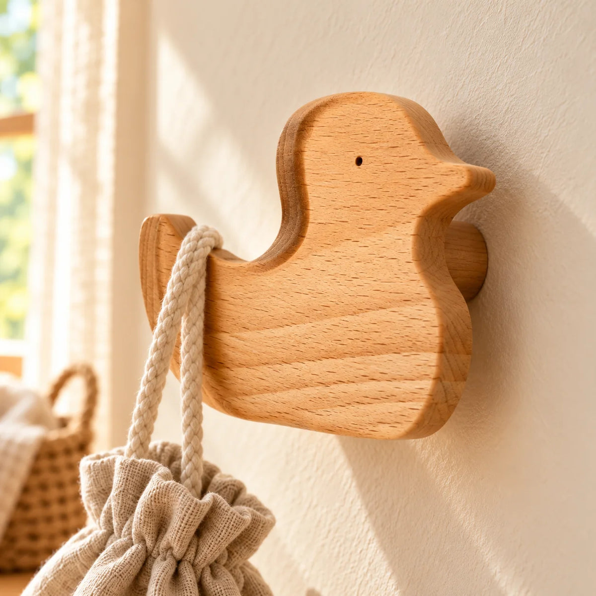 Gros plan de la patère canard et de son grain de bois clair naturel sur le mur