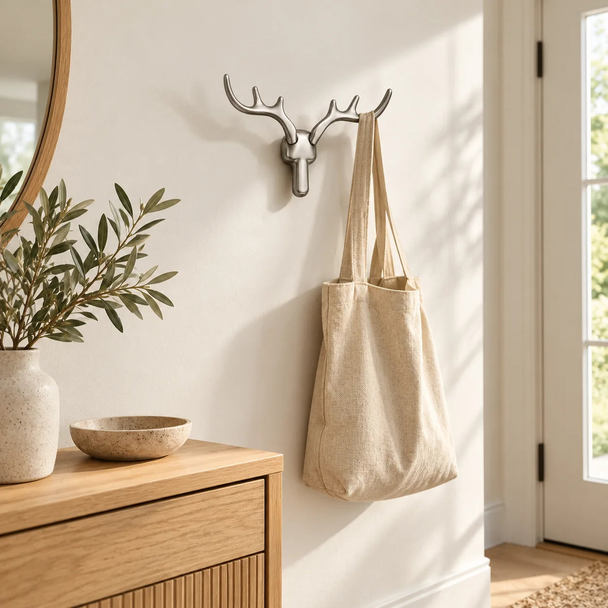 Patère cerf argentée portant un sac en toile dans une entrée